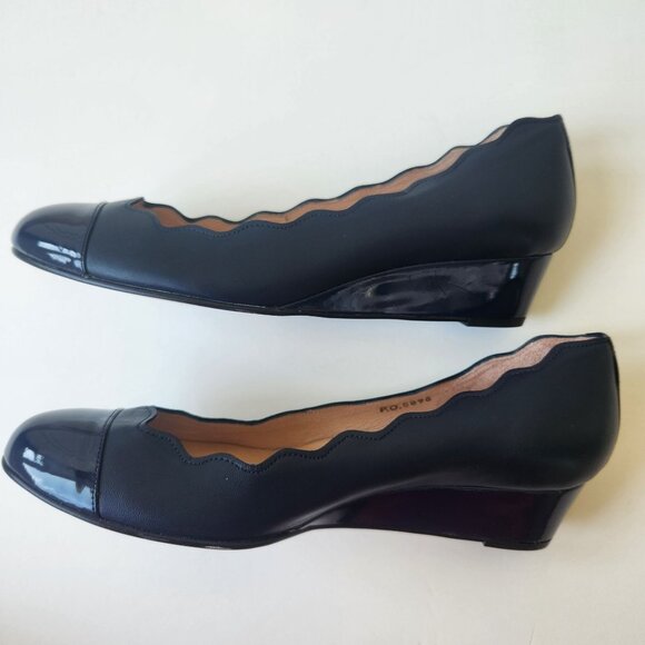 Fs/ny French Sole NY Navy Scalloped Leather Wedge Shoes Cute Ballet Casual - Picture 3 of 14